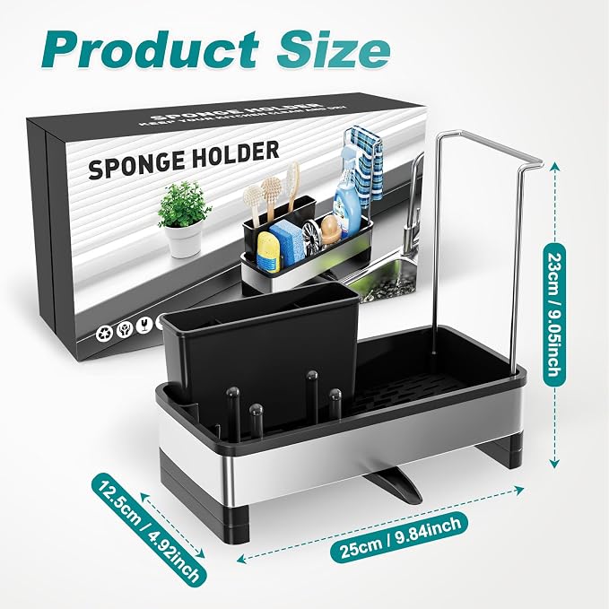 Ewaiira Stainless Steel Sink Caddy, Sponge Holder for Kitchen Sink 9.8″ | with Brush Holder and Towel Rack, Sink Organizer for Countertop, Soap Kitchen Organizers Storage Essentials, Black