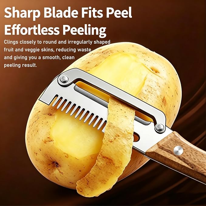 Multi-Functional Vegetable Peeler, 3-in-1 Stainless Steel Peeler | Ergonomic wooden non-slip handle, stainless steel blade, versatile uses, easy to clean