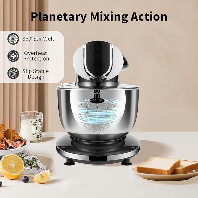 Stand Mixer, 8.5QT+ 6QT Two Stainless Steel Bowls Electric Food Mixer Black | 7 in 1 Multifunctional Kitchen Mixer with Dough Hook, Whisk, Beater, Meat Grinder,Pasta & Cookie Maker