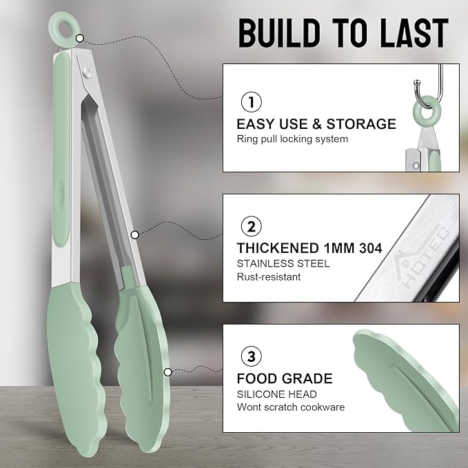 Hotec Mini Silicone Kitchen Tongs for Cooking - 7-Inch Small Serving Tongs with Silicone Tips, Set of 3 (Light Green)
