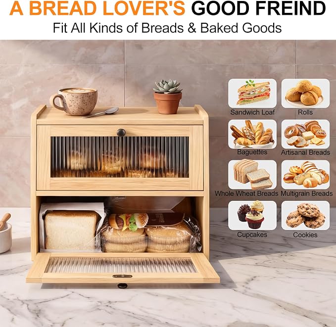 Alpeir Wooden Bread Box for Kitchen Countertop, Large Double Layer, Nature | Food-Safe Pine Wood, Double-Row Ventilation, Strong Acrylic Window, Raised Top Shelf, Easy Care, Farmhouse Corner Container
