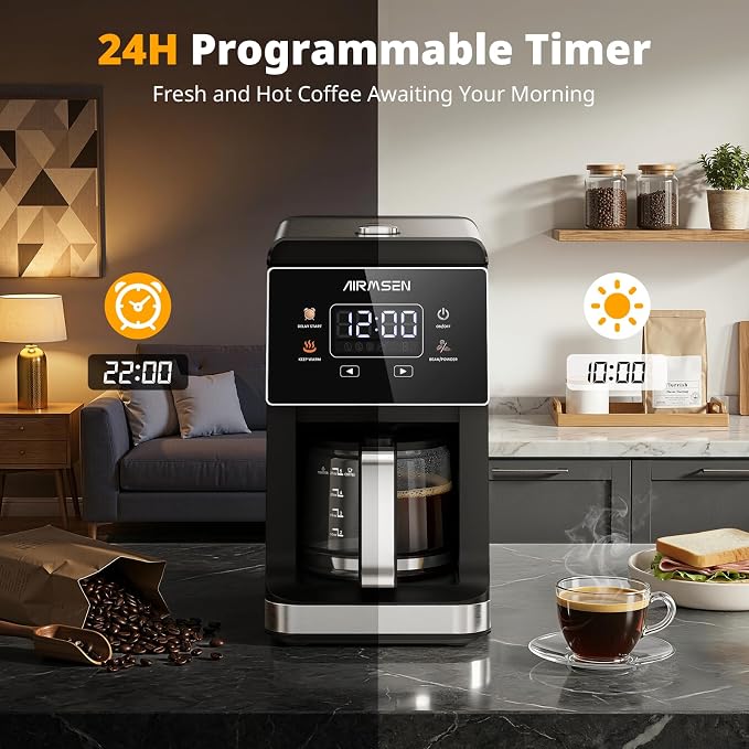 AIRMSEN Grind & Brew Coffee Maker with Built-In Grinder 5-Cup | Drip Coffee Machine with 24H Programmable Timer, 3 Grind Settings, Fresh Ground Coffee Maker for Home & Office