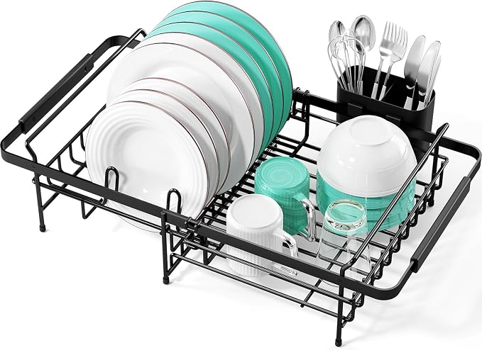 Urackify Expandable in-Sink or Over-Sink Dish Drying Rack, 14.5"-18", Black | Stainless Steel, Fits Most Sinks, Rust-Resistant, Space-Saving, Removable Utensil Holder