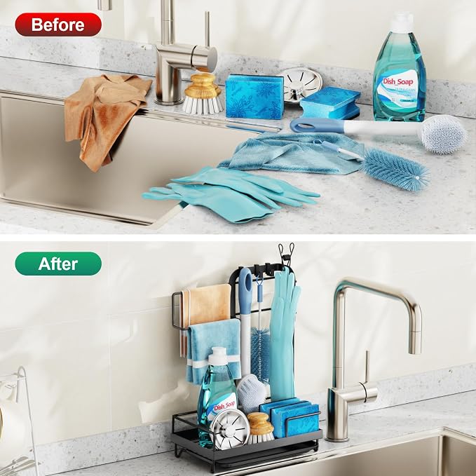 Kitchen Sink Organizer - Large Sink Caddy for Brushes, Black | Removable Drip Tray, Towel Bar & Glove Clip for Sponge, Sink Counters, Cleaning Tools and Kitchen Daily Use, Rust-Resistant