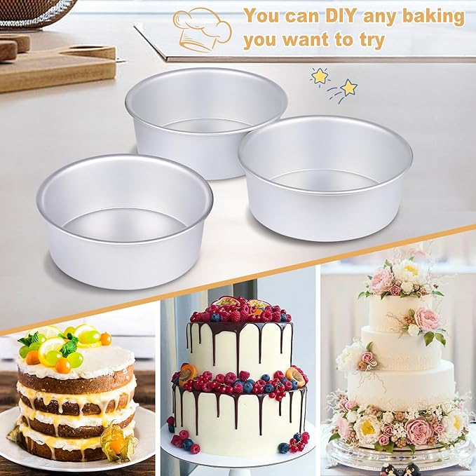 6 x 3 Inch Round Cake Pan Set of 3 with Tapered Side, Aluminum Baking Pans for Layer Cakes, Birthday Anniversary, Heavy Duty Non-Stick & Oven Safe, Commercial Grade Baking Tools for Home Kitchen