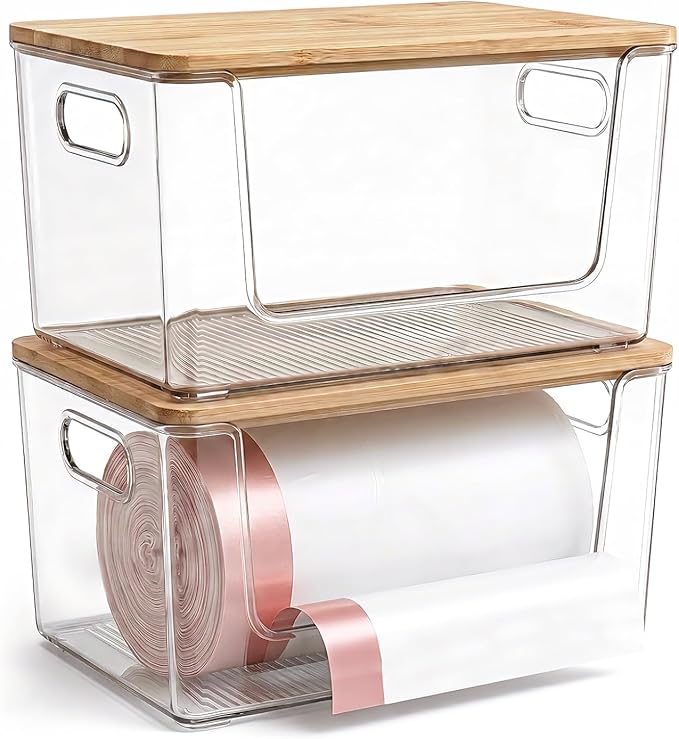 Trash Bag Holder 2 Pack, Stackable Garbage Bag Dispenser with Bamboo Lid, Large Capacity Under Sink Organizer for 13/30/33 Gallon Bags, Clear Storage Bins for Kitchen, Laundry Room, Pantry, Cabinet
