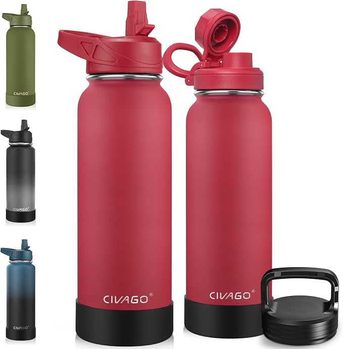 CIVAGO 40 oz Insulated Stainless Steel Water Bottle With Straw and 3 Lids | Large Metal Sports Water Jug, Leakproof Reusable Wide Mouth Thermal Flask Cup with Silicone Boot, BPA-Free, Red