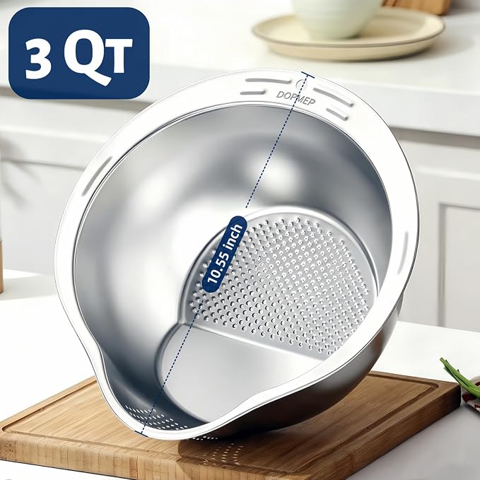 DOPMEP Rice Washer Strainer Bowl Stainless Steel Colander with Side Drainer | Ideal for Soaking, Washing, Cleaning, and Rinsing Rice, Fruits, Vegetables & Beans, Versatile Kitchen Tool