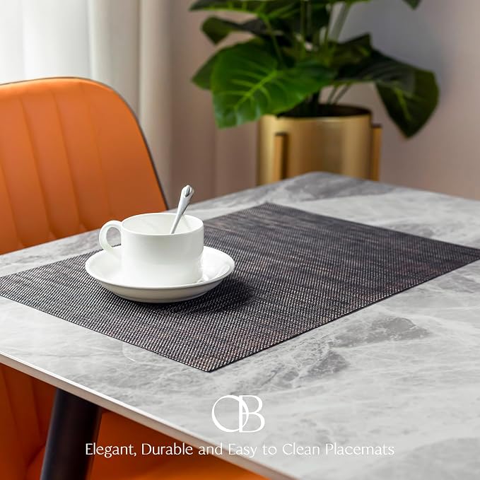 Placemats Set of 6 - Easy Clean Woven Vinyl Placemats for Dining Table, Indoor/Outdoor Place Mats, Washable PVC Table Mats（Black/Brown）