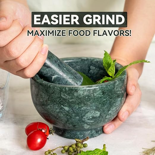 Indian Natural Marble Mortar and Pestle Set, Grinder Bowl for Guacamole, Salsa, Pill Crusher, Spice, Herb, Garlic, Nut, Heavy Duty Grinder for Kitchen
