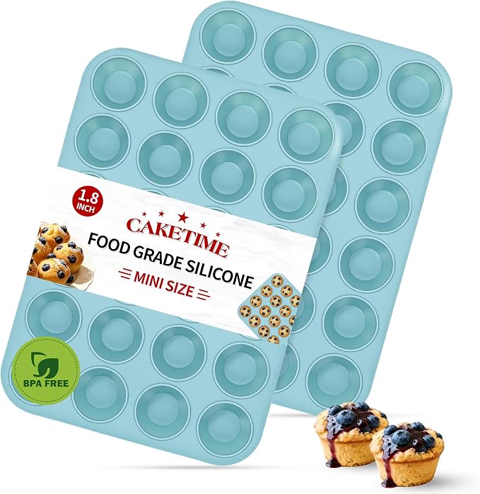 CAKETIME Silicone Mini Muffin Pan, 2 Pack 24 Cups Nonstick Mini Cupcake Pan for Baking Muffin, Cupcake, Egg Bites, Fat Bomb