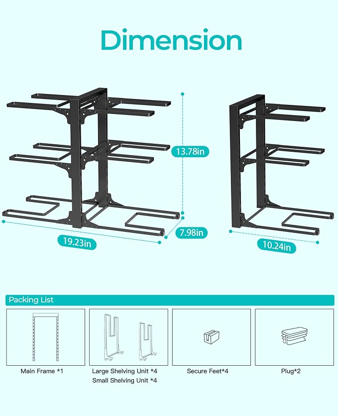 Pots and Pans Organizer Under Cabinet 13.8", 6-Tier Adjustable Rack | 2 DIY Modes, Tool-Free Assembly, Max 90 Lbs, Fits Cast Iron Pans, Dutch Ovens & Heavy Cookware, For Kitchen Cabinets