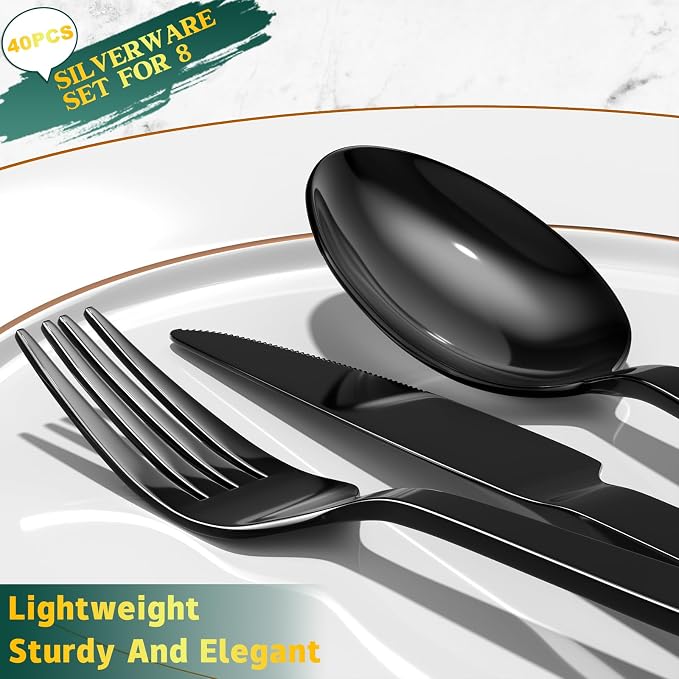 Yoehka 40 Pieces Black Silverware Set, Stainless Steel Flatware Set for 8 | Heavy Duty, Mirror Polished, Includes Knife/Spoon/Fork, For Home, Restaurant, Hotel, Dishwasher Safe