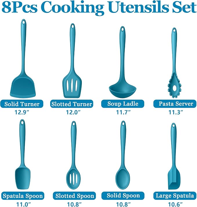 LIANYU Non-Toxic Kitchen Cooking Utensils Set, 8Pcs Blue Silicone Tools | Heat Resistant Cooking Gadgets for Nonstick Cookware, Includes Silicone Spatula, Ladle, Spoon Turner, Dishwasher Safe