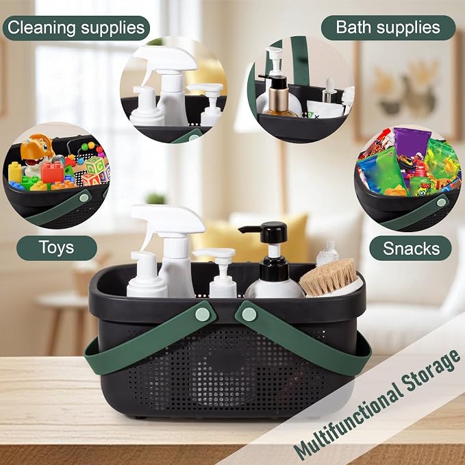 Portable Shower Caddy Basket with Handle Plastic Storage Basket Black Green | Sturdy Drainage Large Capacity Organizer Basket with Silicone Handles for Bathroom Kitchen Bedroom College Dorm Essentials