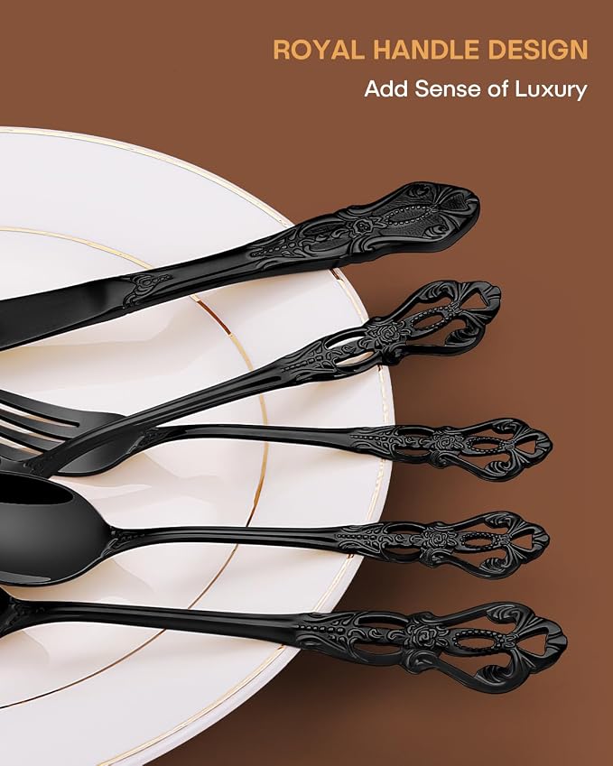EUIRIO 48 Pieces Royal Black Silverware Set for 8, Retro Gorgeous Flatware Set with Steak Knives, Premium Stainless Steel Vintage Cutlery Set with Forks Spoons and Knives, Dishwasher Safe