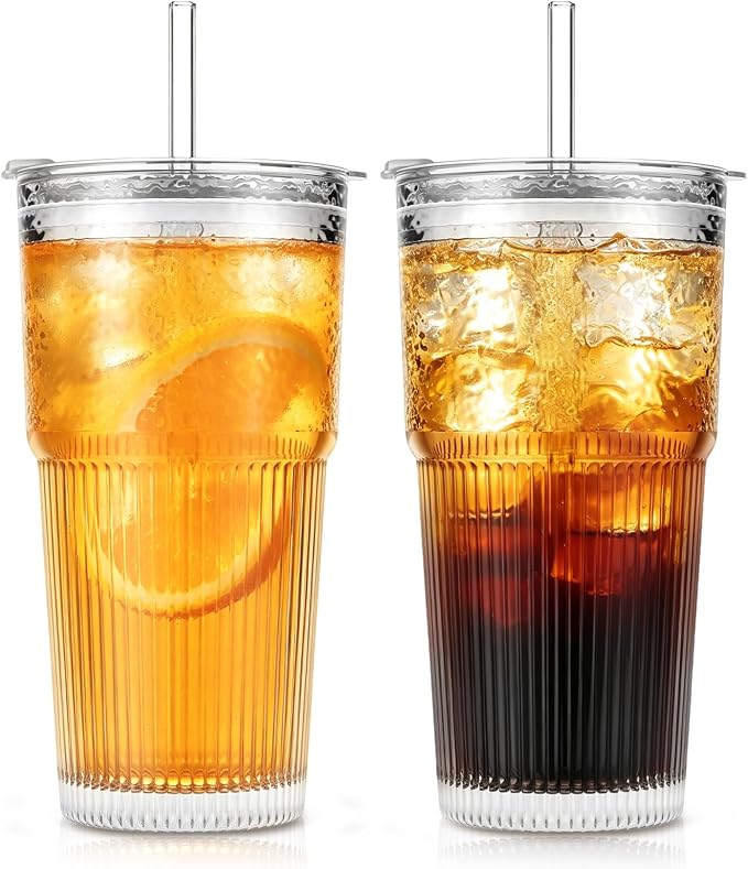 SoulTimes 20oz Wave Ribbed Glass Tumbler with Lid and Straw – Iced Coffee Glasses Cups for Smoothie, Matcha, Juice, Water etc. Leakproof and Reusable Glassware Drinking for Daily & Travel To Go [2Pcs]
