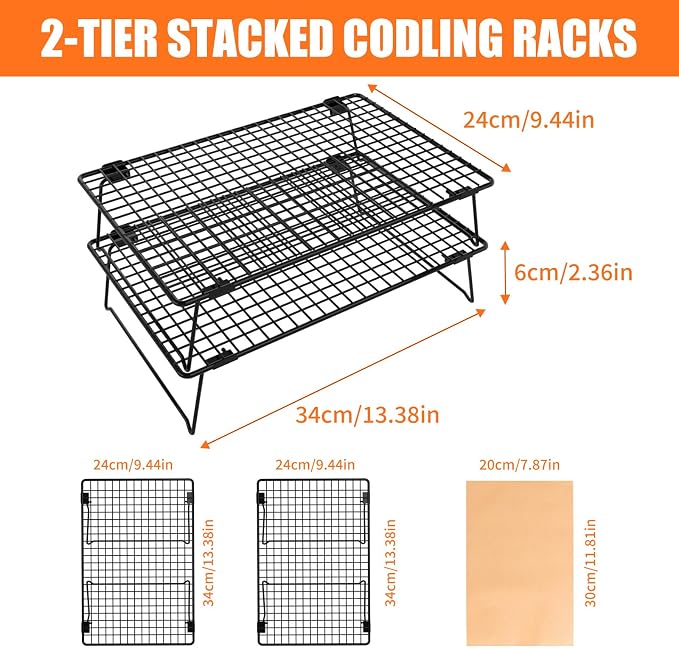 2-Tier Baking Cooling Rack with Legs, 13"x 9" w/50 Parchment Paper | Stackable Cooling Racks for Baking, Collapsible Wire Rack for Cooling Cookies, Cakes, Bread, Pizza, Dishwasher Safe
