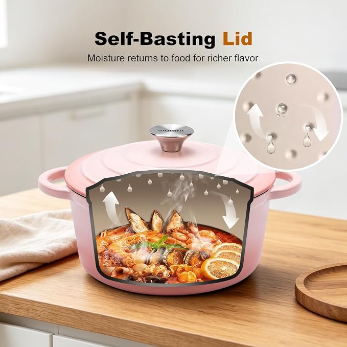 4-QT Enameled Cast Iron Round Dutch Oven With Lid,Oven safe,Pink | Small enameled cast iron Dutch oven,Retains moisture,PFAS-free,500°F,sourdough,braising/stews/roasting,Housewarming Gift