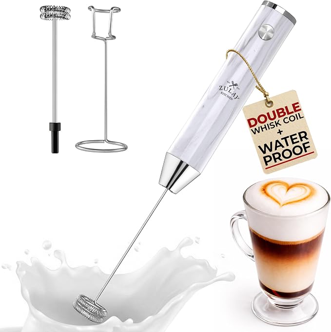 Zulay Kitchen Rechargeable Milk Frother Handheld - Frother Wand, Drink Mixer, Electric Whisk Frother, for Cappuccinos, Matcha & Protein Powder - Lux Double Whisk 2 Speed Waterproof 2000mAh Marble