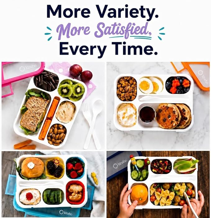 kinsho Bento Box for Kids Women - 6 Compartment, Leak-Proof Lunchbox for School, Portion Control & Meal Prep Containers, Reusable, BPA-Free Snack Container - Includes Utensil Set & E-Book, Purple