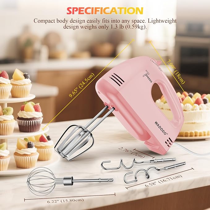 WADODO 7-Speed Electric Hand Mixer – Portable Food Mixer Kitchen Mixer with 304 *(1x Whisk, 2x Beater, 2x Dough hook) for Baking Cakes, Cream, Cookies, PINK
