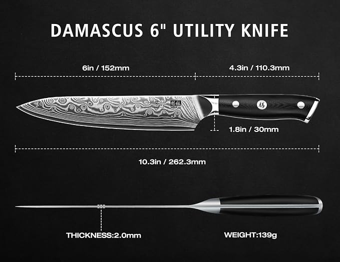 SHAN ZU Damascus Chef Knife,Utility Knife 6 In Japanese Steel Kitchen Knife | 67 Layers Professional High Carbon Super Steel Kitchen Knives with Ergonomic G10 Handle