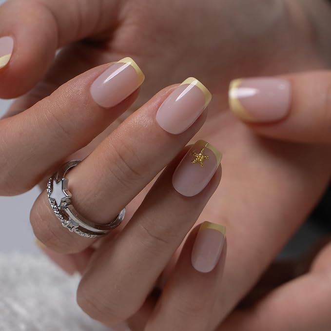 CurvLife Short Square Press On Nails, Honey Drift Honey Yellow, Soft Gel | 32PCS, 16 Sizes, Salon-Quality Natural Fake Nails, Curved Fit, 7-14 Day Glue-On Wear, Reusable Stick-On Nails, Press-On Kit