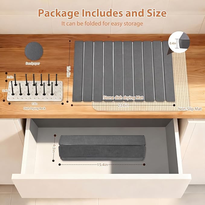 Stone Drying Mat for Kitchen Counter (24”x16”) with Dish Rack | Quick Dry Diatomaceous Earth Dish Mat– Foldable Water Absorbing Drying Organizer Pad for Countertop Plate Bottles Cups(Pure)