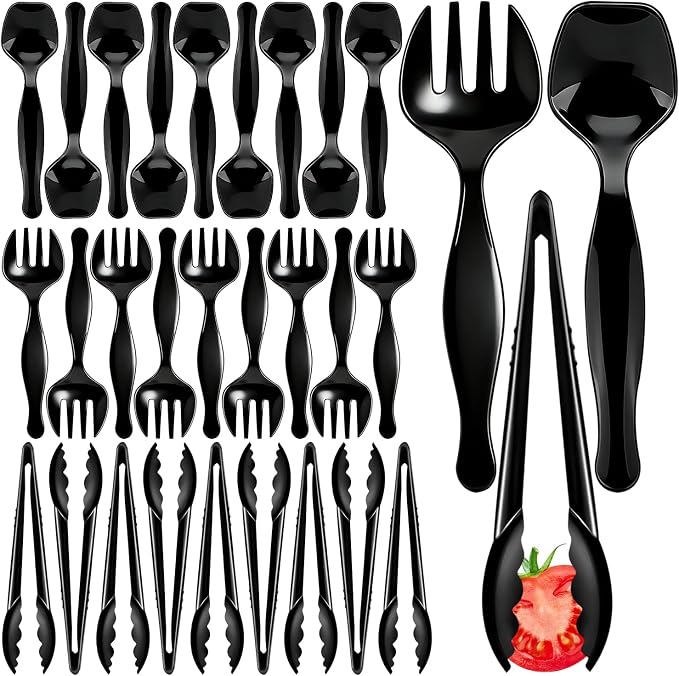 30Pcs Disposable Plastic Serving Utensils, Buffet Serving Utensils Set | 10 Black Plastic Serving Spoons, 10 Tongs, 10 Forks for Catering, Entertaining and Parties