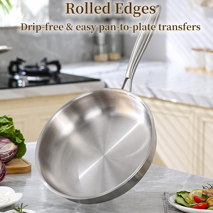 DELARLO Tri-Ply Stainless Steel Pan,18/10, 10" | Nontoxic Durable Oven Safe 800℉ All Cooktops Compatible Fast Even Heat PFOA Free Large Frying Pan Nontoxic Cookware