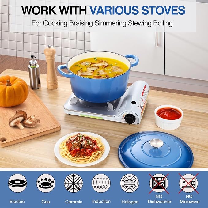 P&P CHEF 6QT Enameled Dutch Oven, Dutch Oven Pot for Bread Baking, Blue | 6 Quart Enameled Cast Iron Casserole Pot with Lid, for Roasting Braising Stewing Frying Simmering, Work on Various Stoves