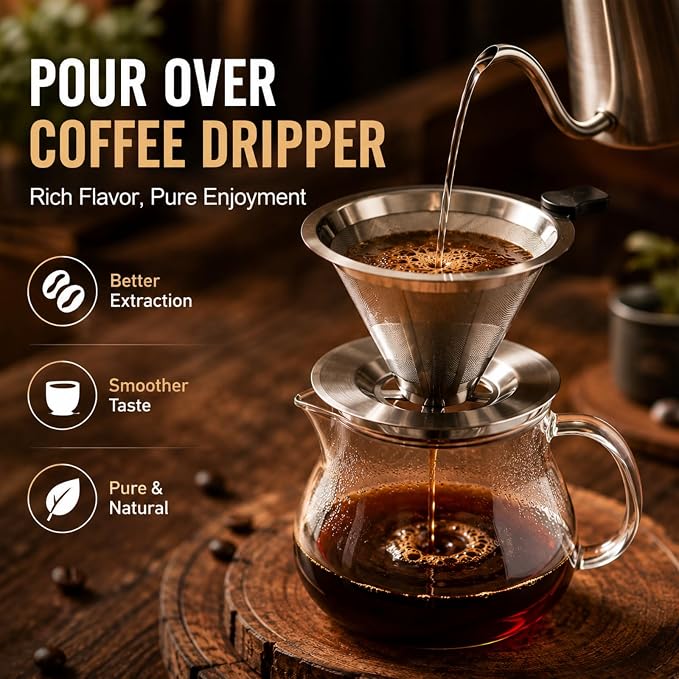 Pour Over Coffee Dripper, Reusable Stainless Steel 600 Mesh Coffee Filter | Paperless Double Mesh Pour Over Coffee Maker, Portable and Easy to Clean for 1-2 Cups with Heat-Resistant Silicone Handle