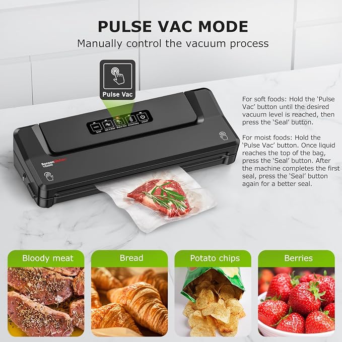 Bonsenkitchen Vacuum Sealer Machine With 5 Vacuum Bags,Black | Compact Food Sealer for Sous-Vide & Meal Prep,Multiple Modes,External Vacuum System,6x Longer Freshness