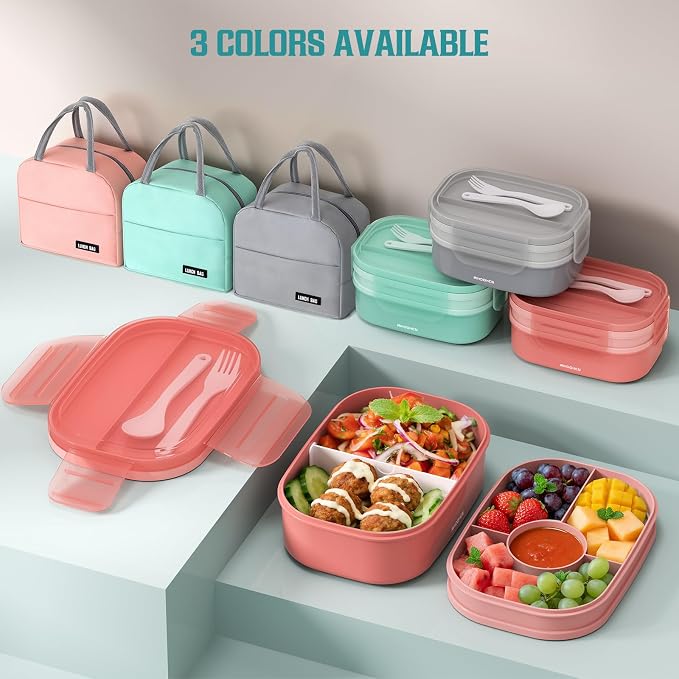RIKDOKEN Bento Lunch Box, Stackable 2 Layers Containers with Compartments, Portable 64OZ Large Capacity Leakproof Bento Box with Spoon & Fork & Lunch Bag, Microwave Safe Lunch Box for Kids and Adults