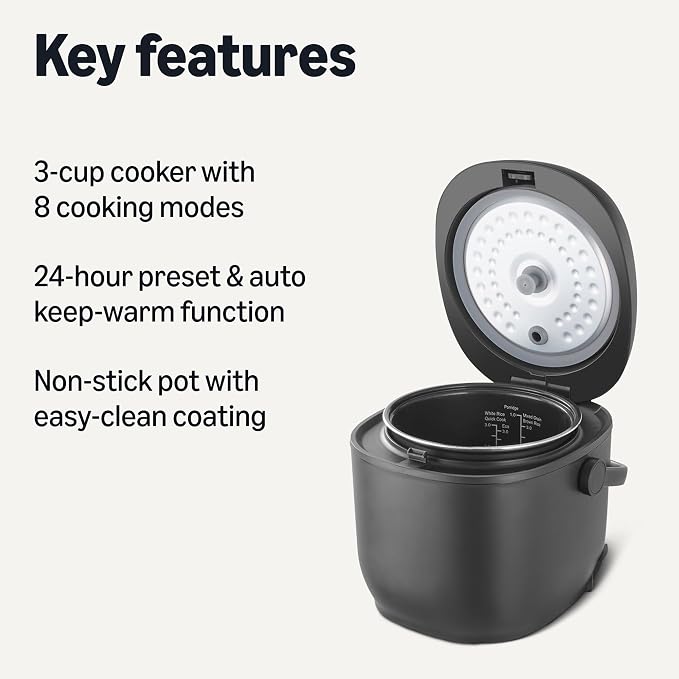 Amazon Basics Rice Cooker Small 3-cup Uncooked 6-cup Cooked, Micon with Fuzzy Logic,Keep Warm, Black