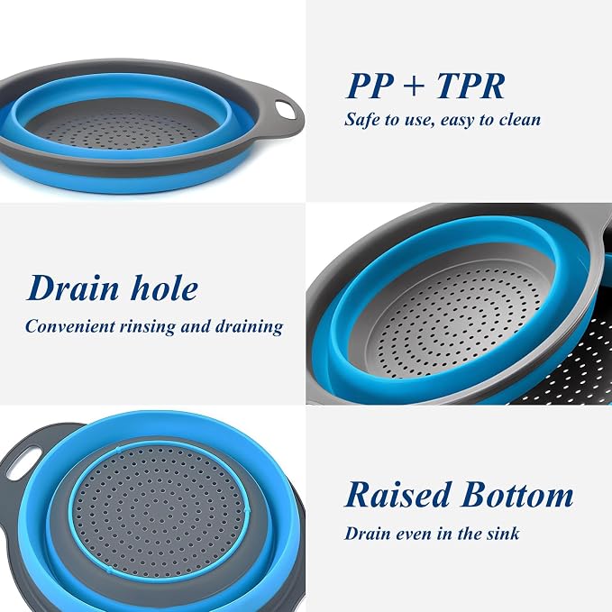 Collapsible Colander Set of 3, Space-Saving Foldable Strainer for Kitchen | 3 Sizes Food Strainer for Draining Pasta, Vegetable and Fruit, Kitchen Gadgets for Home Use and Outdoor Camping (Blue)