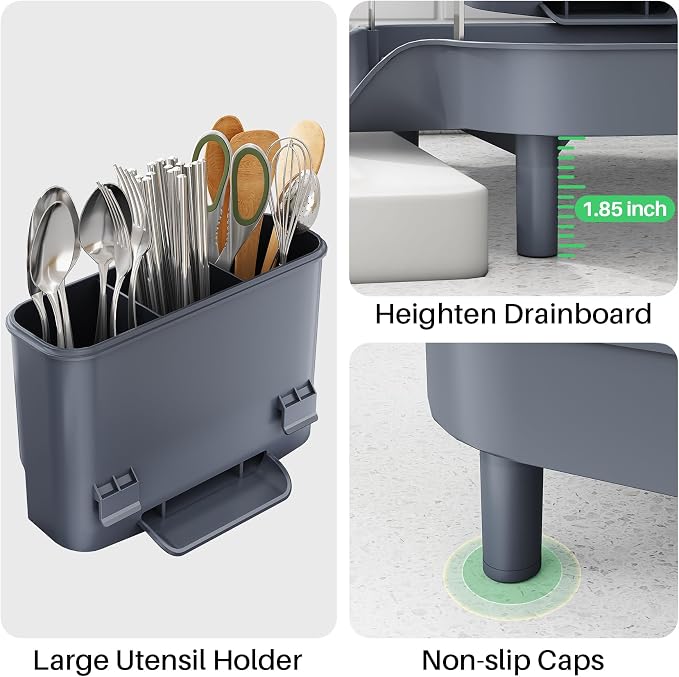 SAYZH Expandable Dish Drying Rack for Small Kitchen Counter, Grey | Stainless Steel, Protective Guardrail, Angled Drainboard, Fits High-Rim Sinks, Removable Utensil Holder