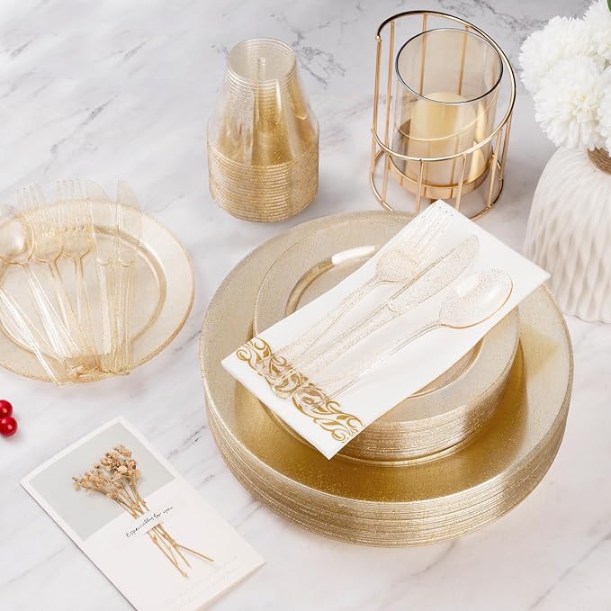 175 Pieces Gold Glitter Disposable Dinnerware Set for 25 Guests | Plastic Plates for Party, Include: 50 Gold Glitter Plastic Plates, 25 Paper Napkins, 25 Cups, 25 Gold Glitter Silverware Set