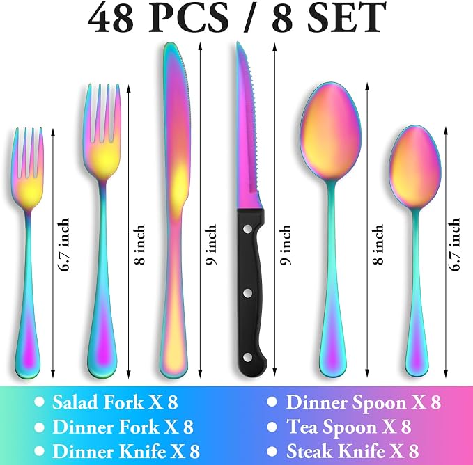 48 Pcs Rainbow Silverware Set with Steak Knives, Stainless Steel Flatware Cutlery Set for 8, Kitchen Tableware Sets, Utensil Sets for Home and Restaurant, Dishwasher Safe