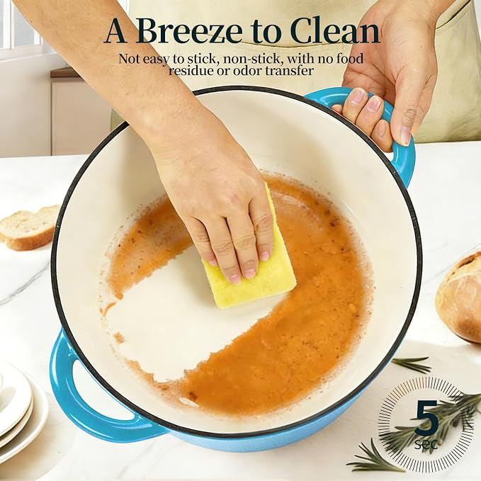 Enameled Cast Iron Dutch Oven pot 6.5 QT with Lid for Bread Baking | Cookware incl. Sourdough Bread-Baking Supplies like Banneton, Dough Whisk, Gloves, Oven Safe for Stews, Roasting, Sea Blue
