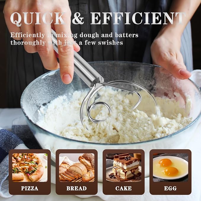 TEEVEA Danish Dough Whisk Stainless Steel for Sourdough Bread | Dutch Dough Hook, Replaces Hand Mixer and Spoon, Bread Baking Tool, Food Grade Rust Resistant Steel, Non-Stick, Easy to Clean