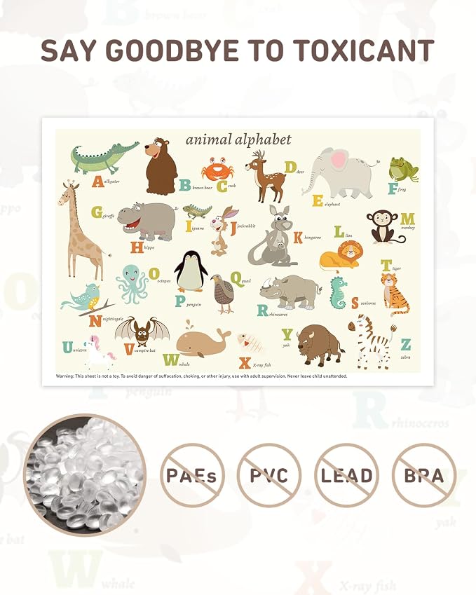 Babebay Disposable Stick-on Placemats 40 Pack for Baby & Kids & Toddler, Sticky Placemats Restaurant Table Mats 12" x 18" (Animal Alphabet)