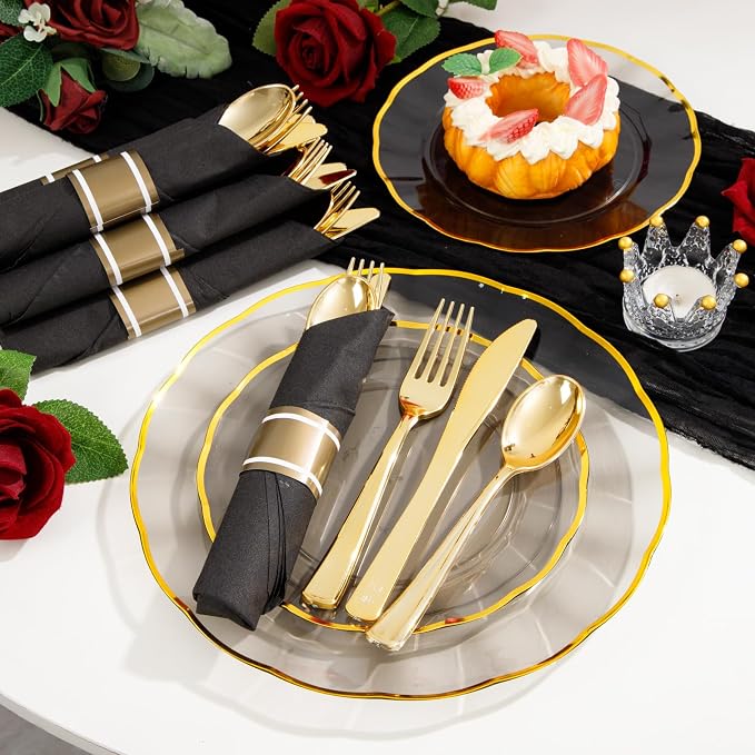 30 Pack Pre Rolled Gold Plastic Silverware with Black Napkins | Heavy Duty Black Disposable Wrapped Flatware Cutlery Set for for Wedding, Birthday & Party Supplies