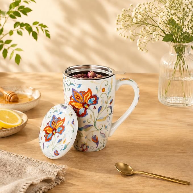 GBhome Tea Mug with Infuser and Lid,18 Ounce Ceramic Loose Leaf Cup Steeper | Lead-Free Glaze For Tea Lovers,Microwave & Dishwasher Safe with Tea Strainer