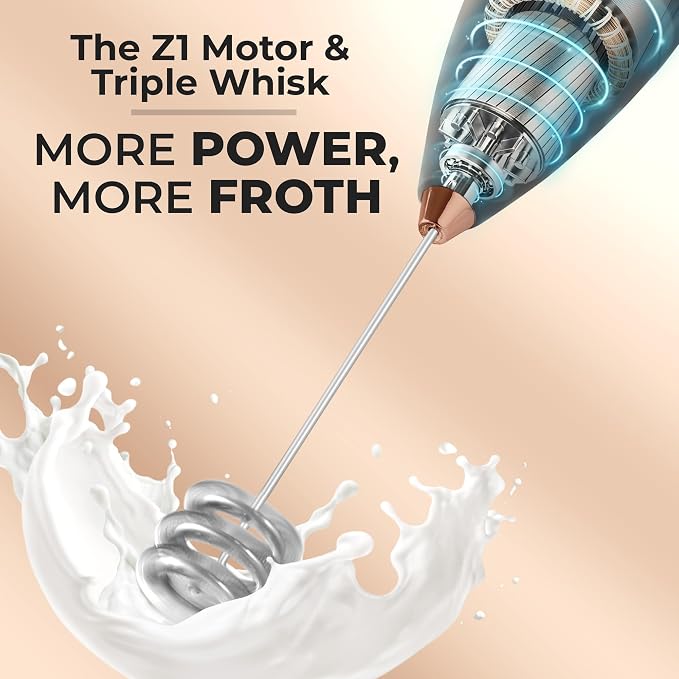 Zulay Kitchen Powerful Milk Frother Wand With Duracell Batteries - Ultra Fast Handheld Drink Mixer - Electric Whisk Foam Maker for Coffee, Lattes, Cappuccino & Matcha - Triple Whisk - Luster Copper
