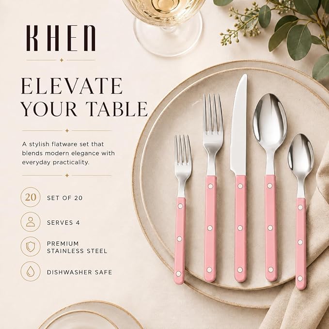 Khen Cutlery Set of 20 Pieces, 18/8 Stainless Steel Flatware, Modern Silverware for Home, Kitchen, Dining & Table Setting for 4, Dishwasher Safe, Lightweight & Ergonomic Design Gift - Pink