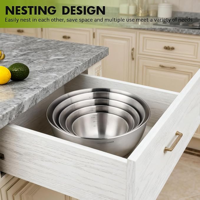 Greentainer Stainless Steel Mixing Bowls Set of 5 | 5.2 to 0.8 Qt Nesting Bowls with Measurement Markings | Dishwasher Safe | Metal Kitchen Bowls for Baking, Prepping, Cooking and Serving Food