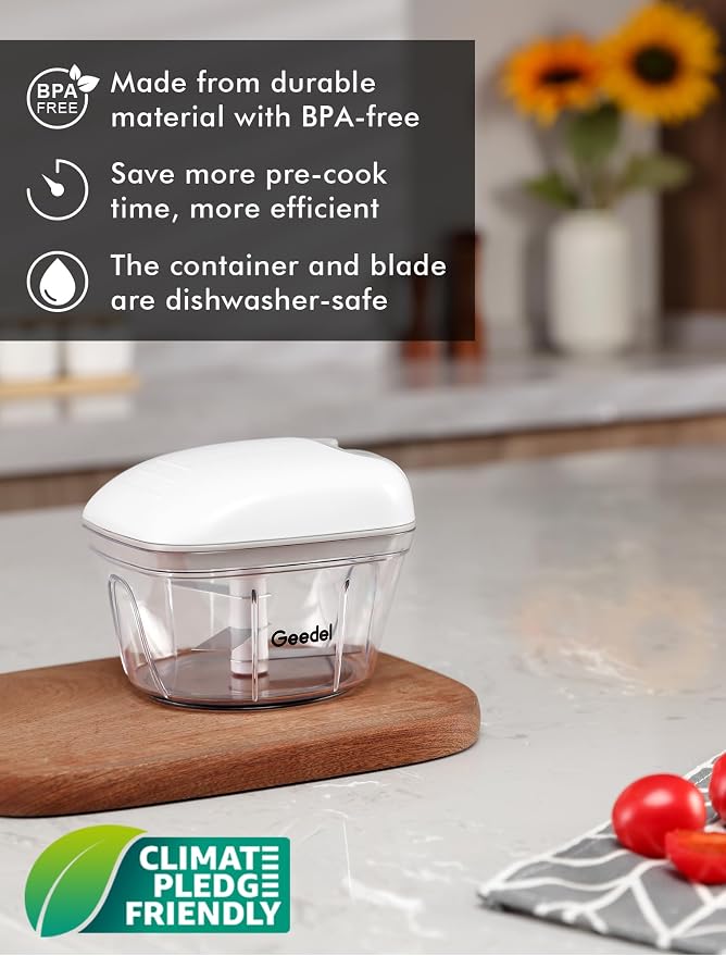 Geedel Vegetable Chopper, Manual Food Chopper with Hand Pull String, 500ml | Manual Food Processor, Sharp Stainless Steel Blade, Non-slip Base, Dishwasher Safe, No BPA, Portable, for Veggie, Fruit, Nut