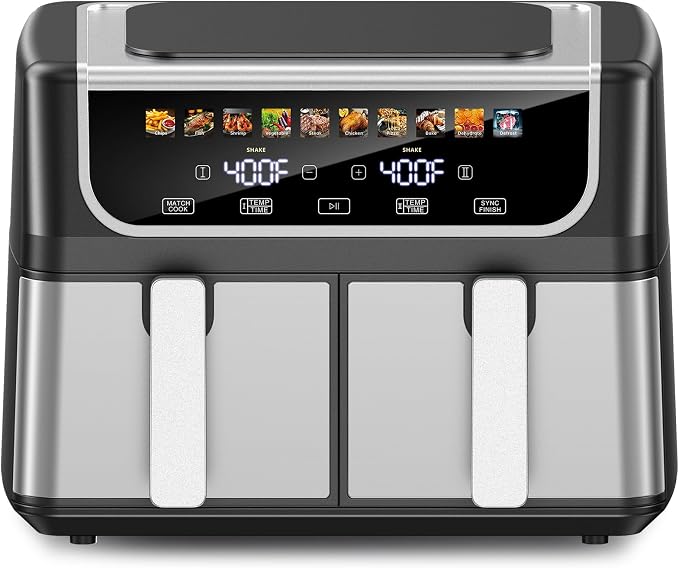 OLIXIS Dual Air Fryers with 2 Baskets 9.5 Quarts Large Airfryer 10-in-1 | Independent Temp Control 80-450°F, Ceramic Crisper Plate, Sync Setting, Shake Reminder, Bake Broil Defrost Dehydrate, Black